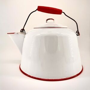 🫖 Vintage Red & White Enamel Tea Kettle - Charming Kitchen Accent ☕️